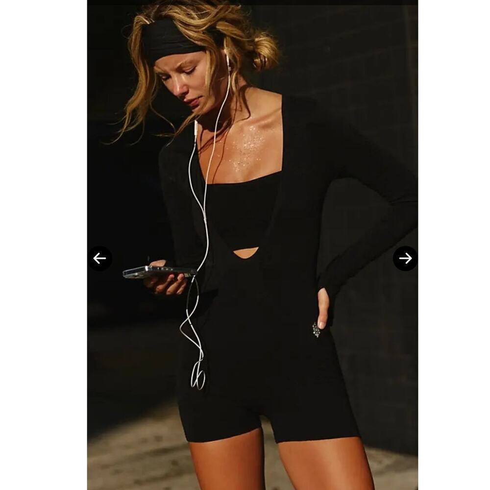 Free people black embroidered flowered First position shortsuit xs/s